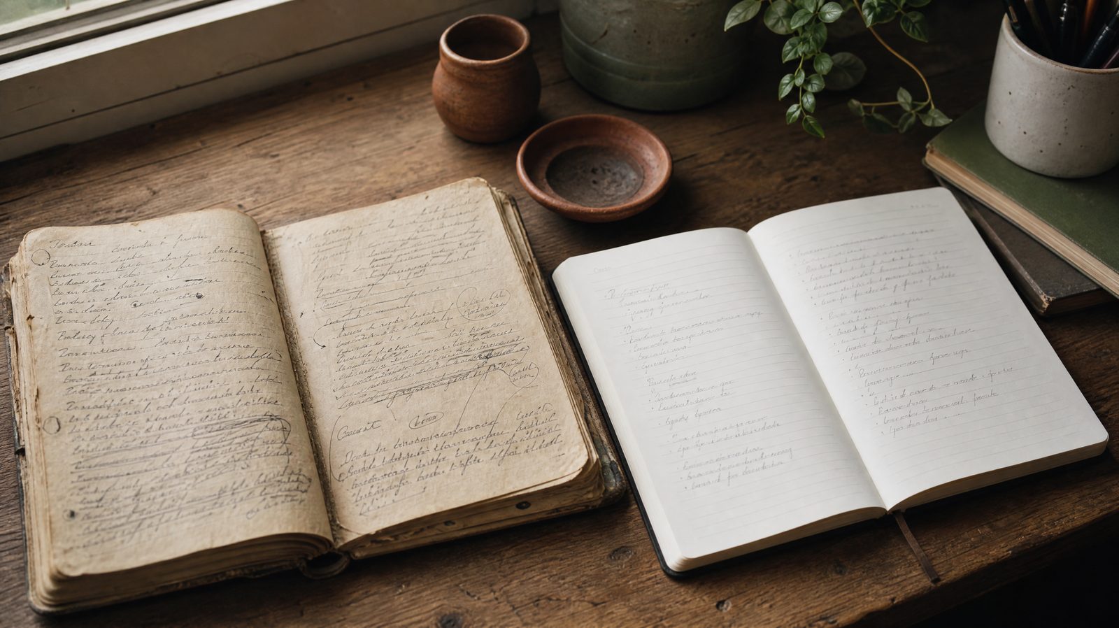 À gauche un carnet couvert d'une écriture dense et de flèches, à droite un carnet net et bien rangé