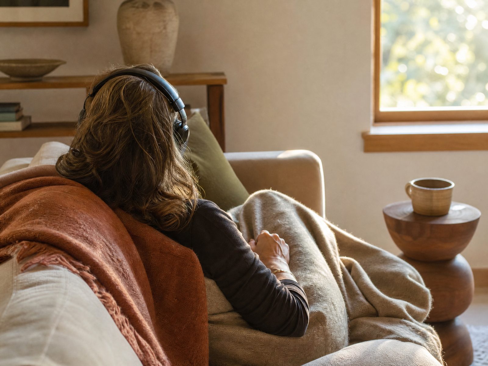 Une femme allongée sur un canapé, vue de dos, un casque sur les oreilles, un plaid sur les jambes