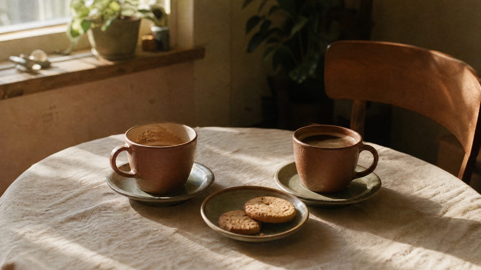 Deux tasses de café face à face sur une petite table de cuisine