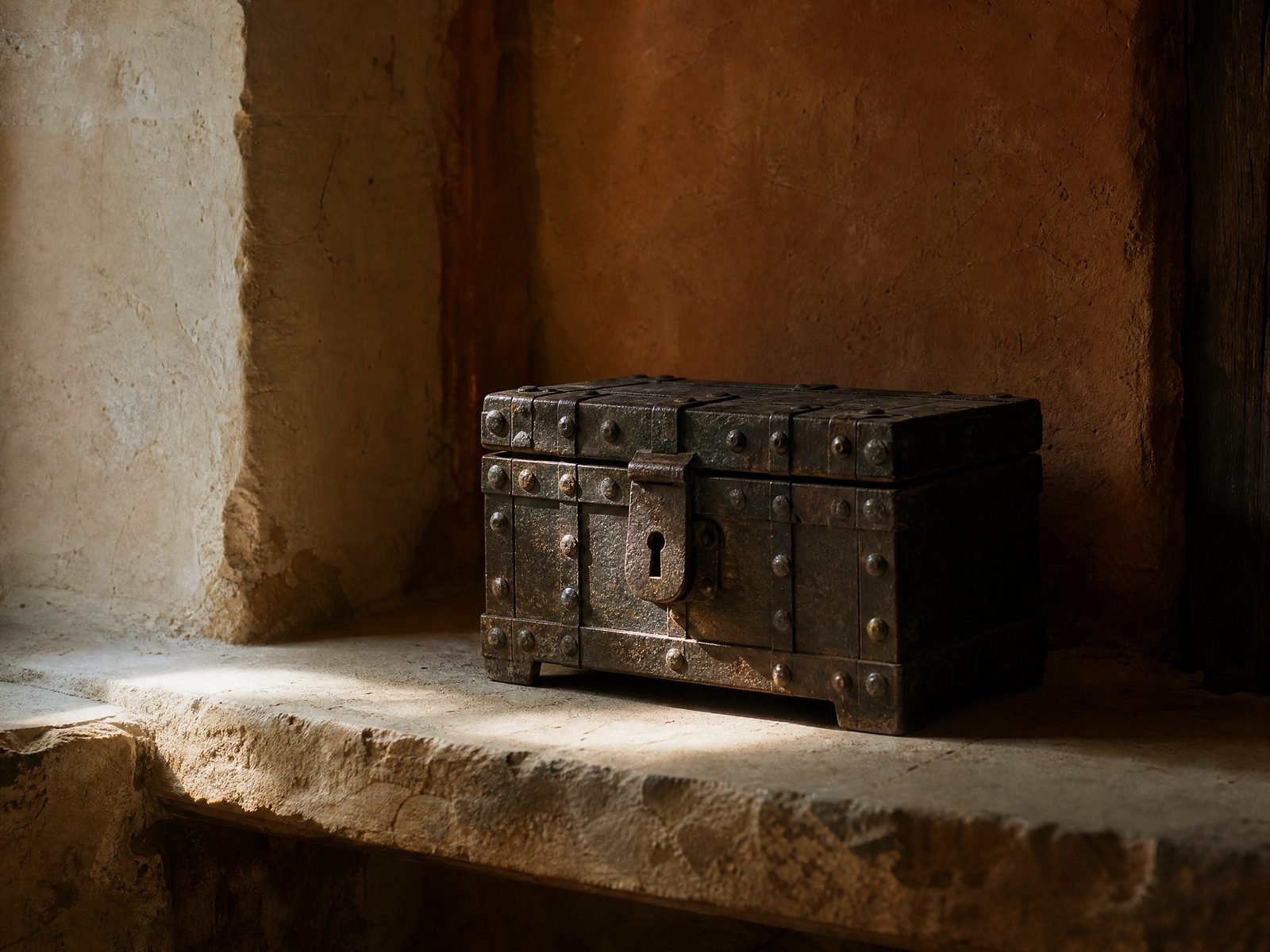 Un petit coffre ancien fermé, sur une pierre, traversé par un rai de lumière
