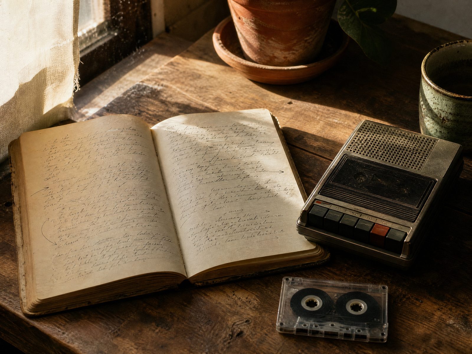 Un vieux carnet manuscrit ouvert, à côté d'un magnétophone à cassette