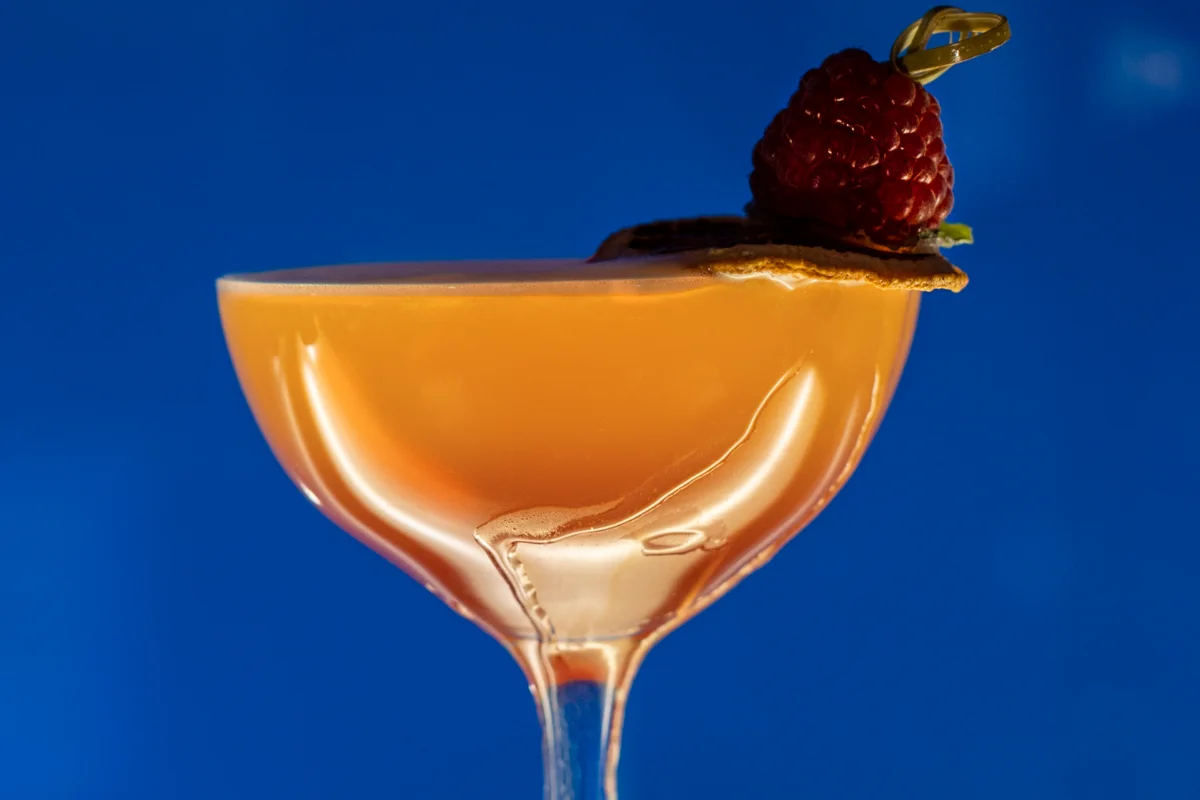 Bars on Wheels crafted cocktail with raspberry garnish served at upscale private party bar setup