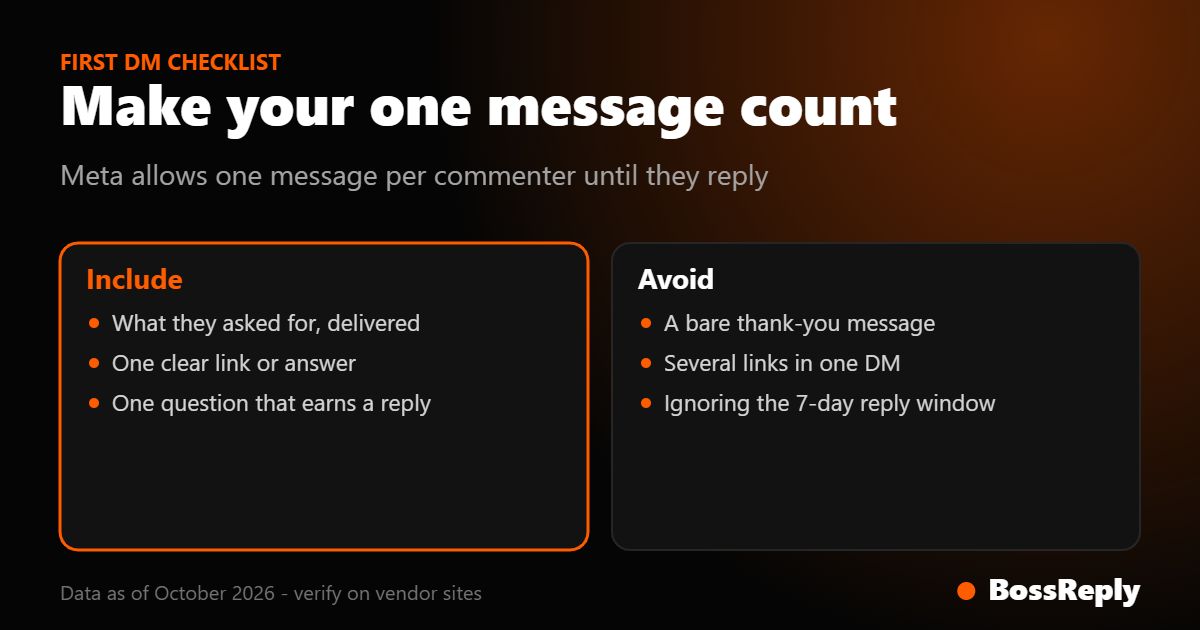 First DM checklist for comment-to-DM: what to include and what to avoid within Meta rules First DM checklist for comment-to-DM: what to include and what to avoid within Meta rules