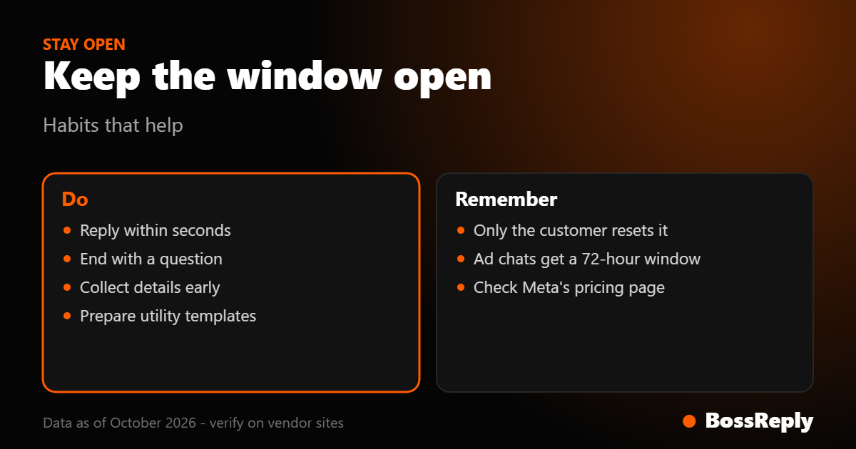 Checklist card of habits that keep the WhatsApp 24-hour window open and points to remember Checklist card of habits that keep the WhatsApp 24-hour window open and points to remember
