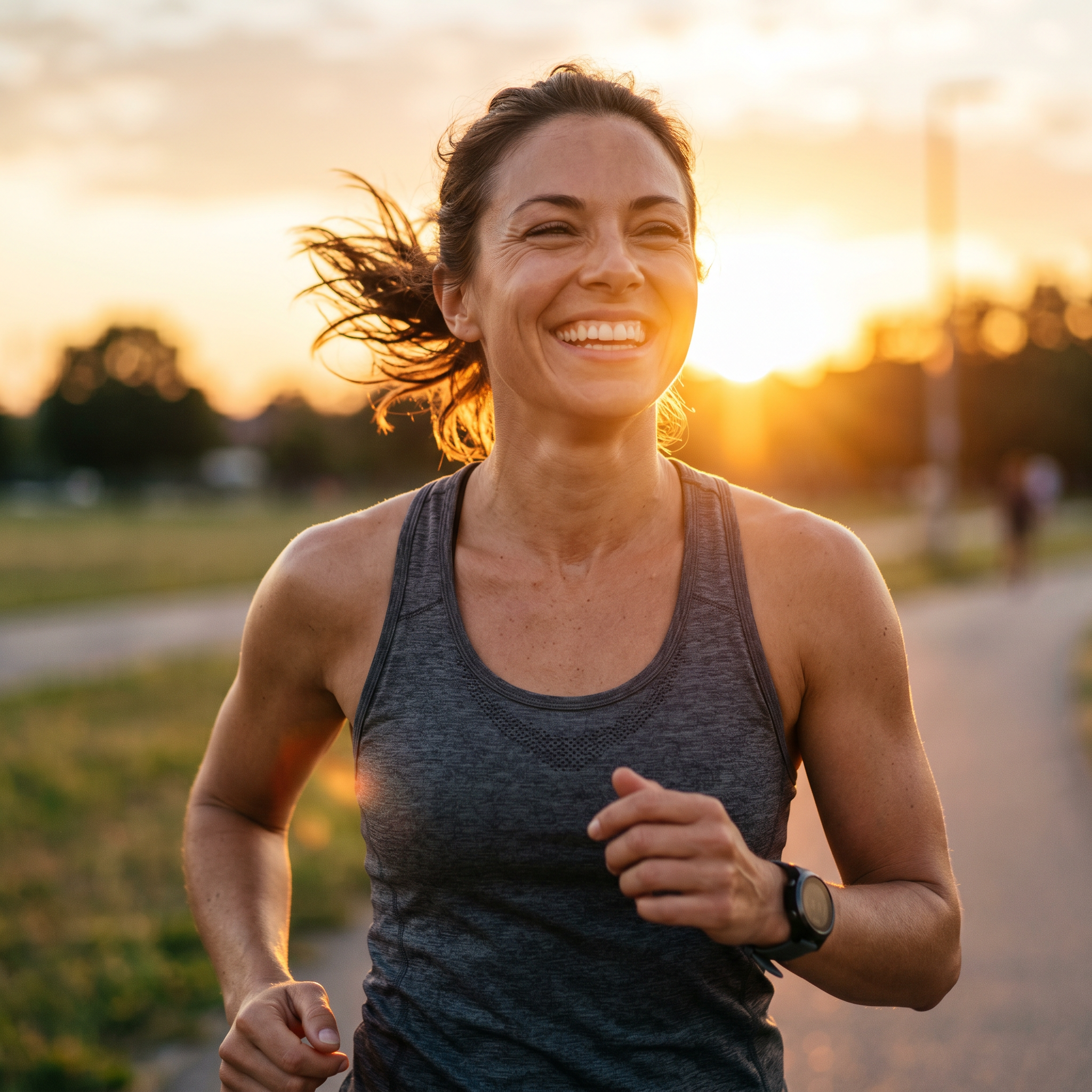 Woman smiling outdoors representing realistic medical weight loss progress and long-term wellness