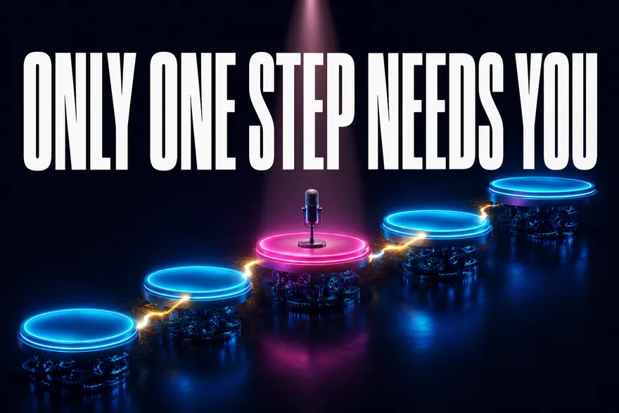 Only one step needs you: five glowing platforms in a path, one holding a microphone