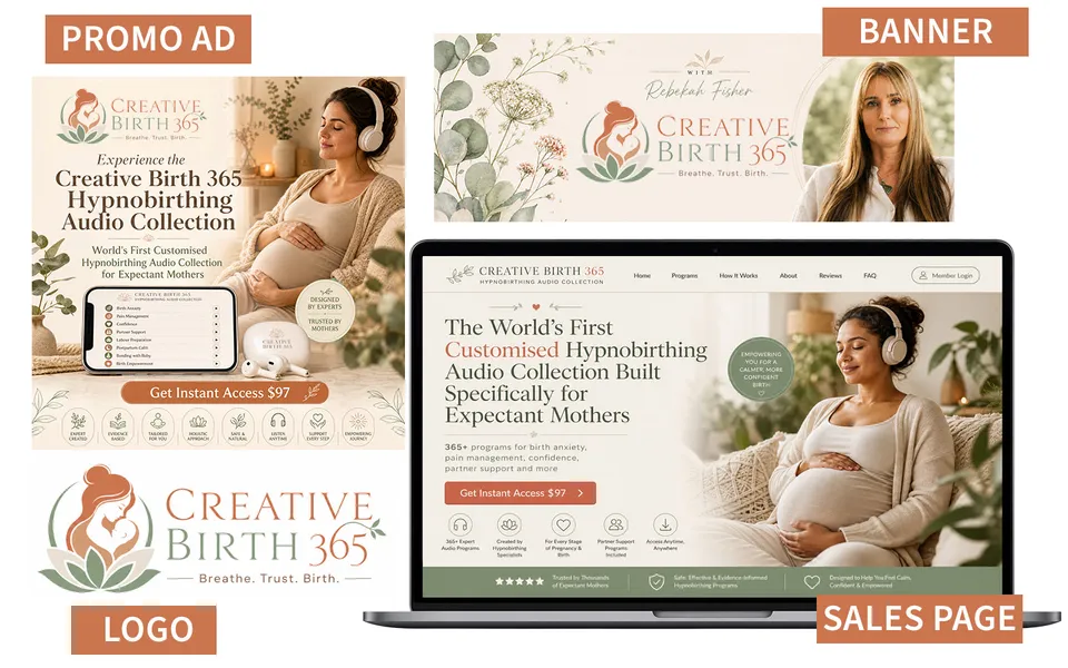 Creative Birth 365: logo, promo ad, banner and sales page for the hypnobirthing collection