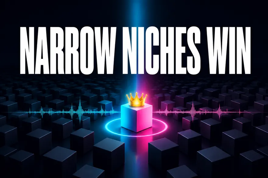 Narrow niches win: one small crowned cube lit by a narrow beam among a field of dim cubes
