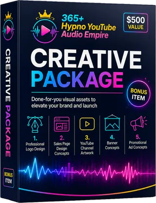 The $500 Creative Package box: logo, sales page concepts, YouTube channel artwork, ad concepts
