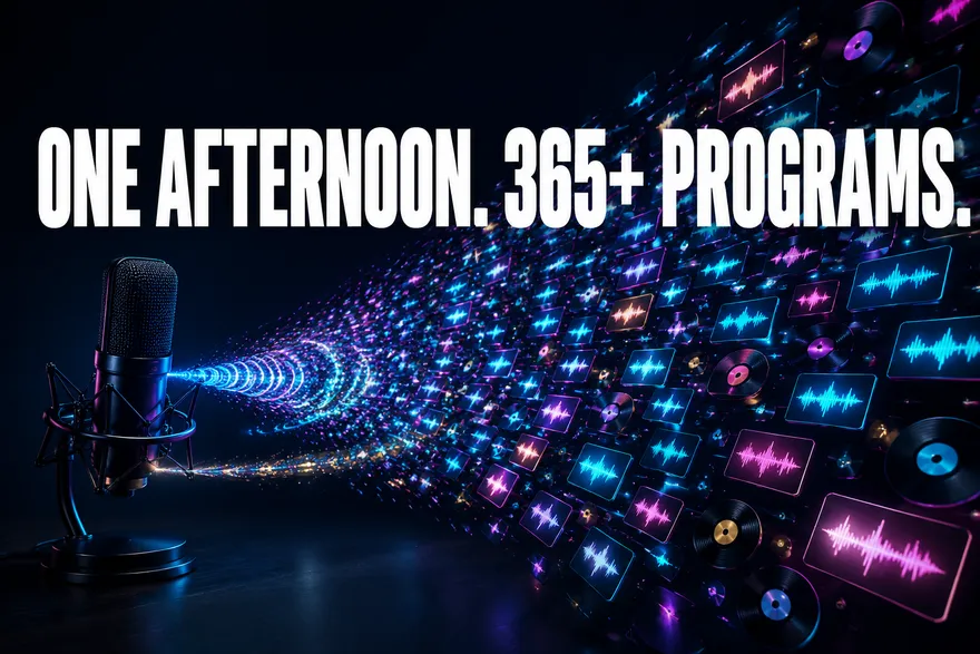 One afternoon, 365+ programs: a microphone releasing a cascade of hundreds of glowing audio tiles