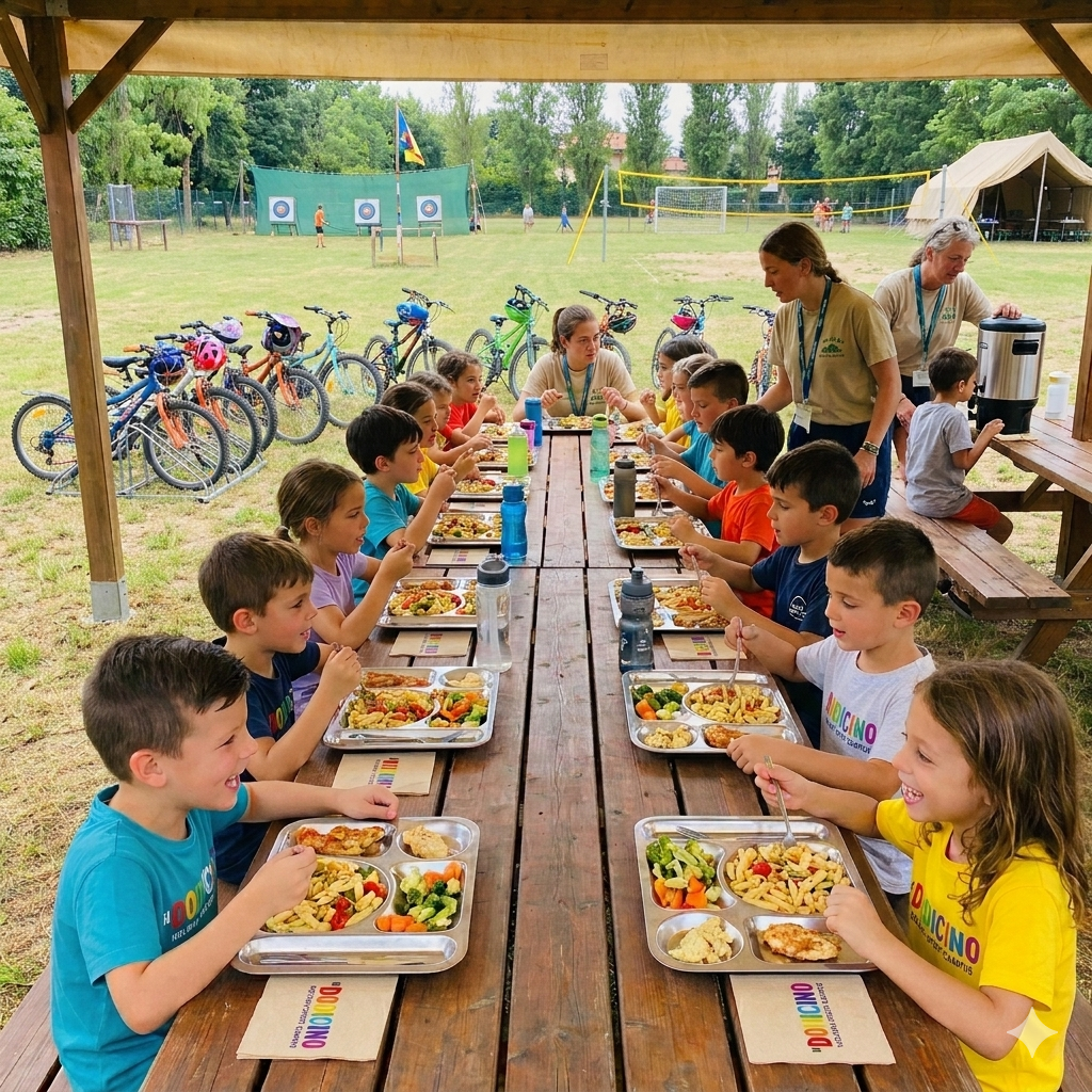 Bambini al pranzo del Campus Dodicino sotto il pergolato