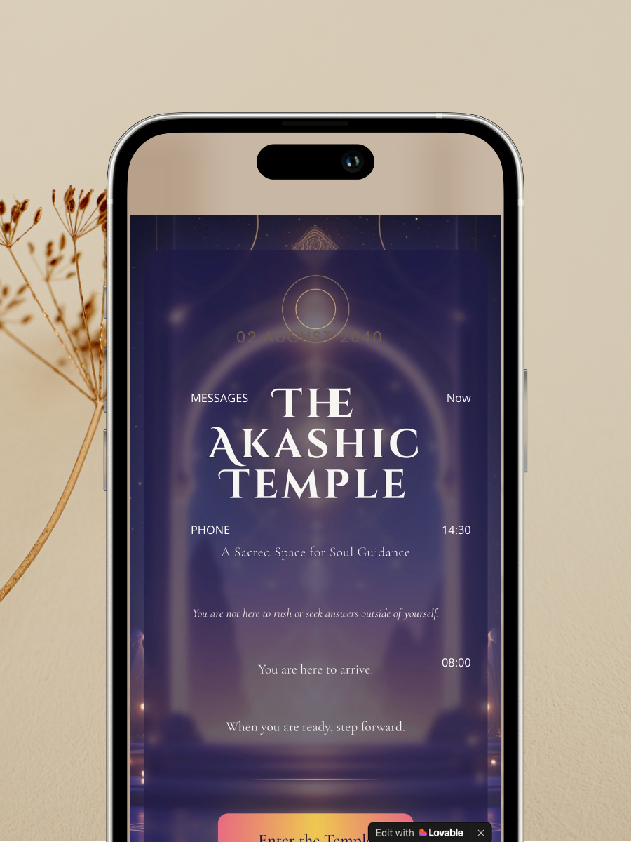 The Akashic Temple app displayed on a mobile phone screen for soul guidance and messages