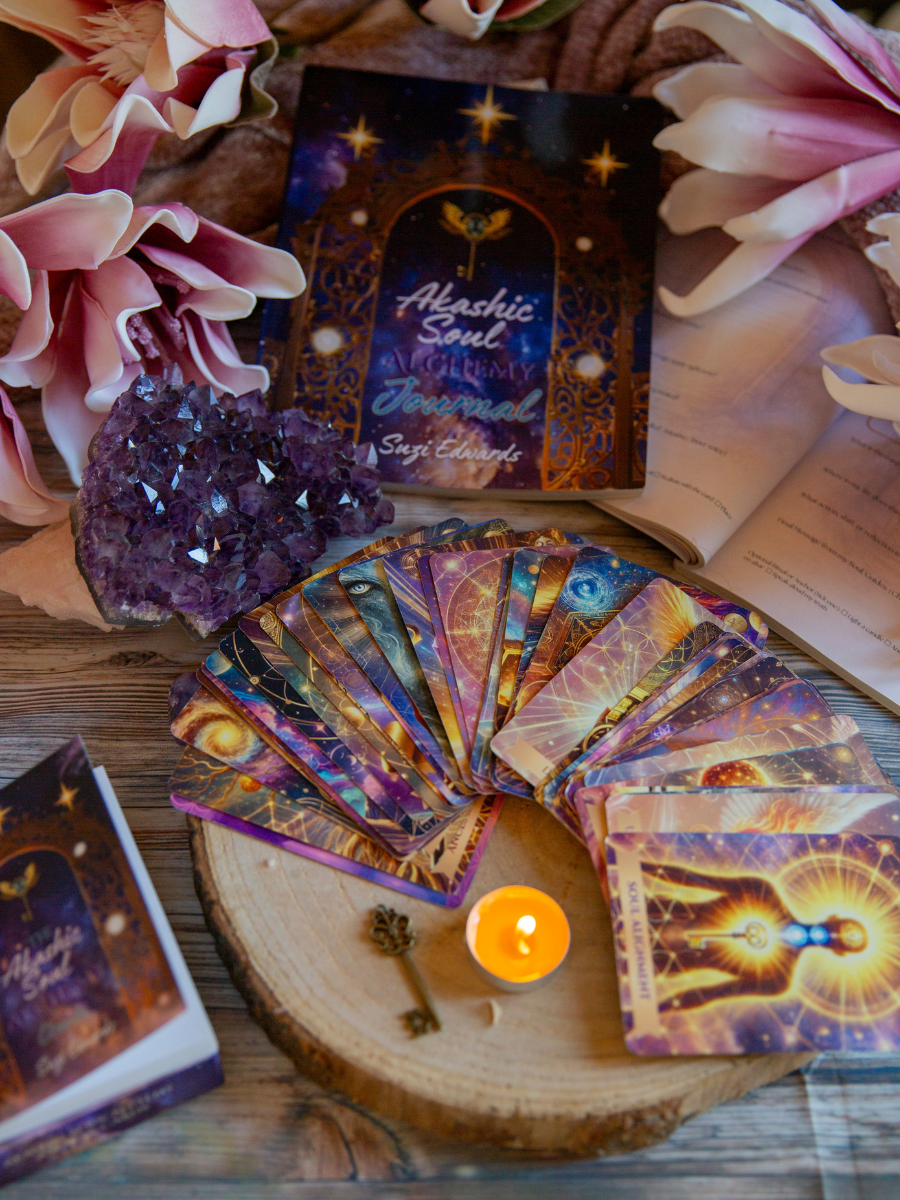 Akashic Soul Alchemy Oracle Deck displayed with cards, crystals, and journal on a sacred altar