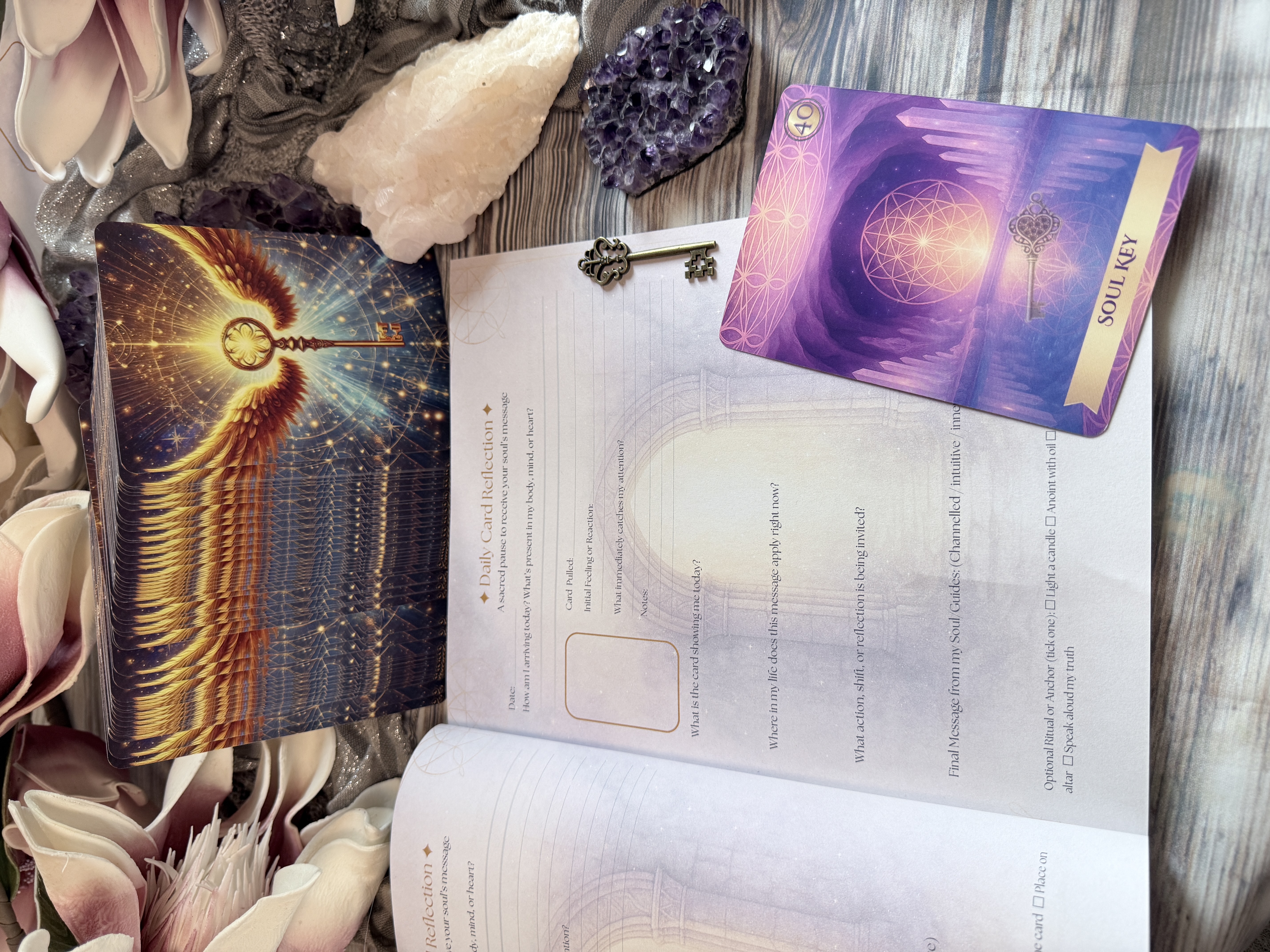 inside page of akashic soul alchemy journal, key and oracle deck