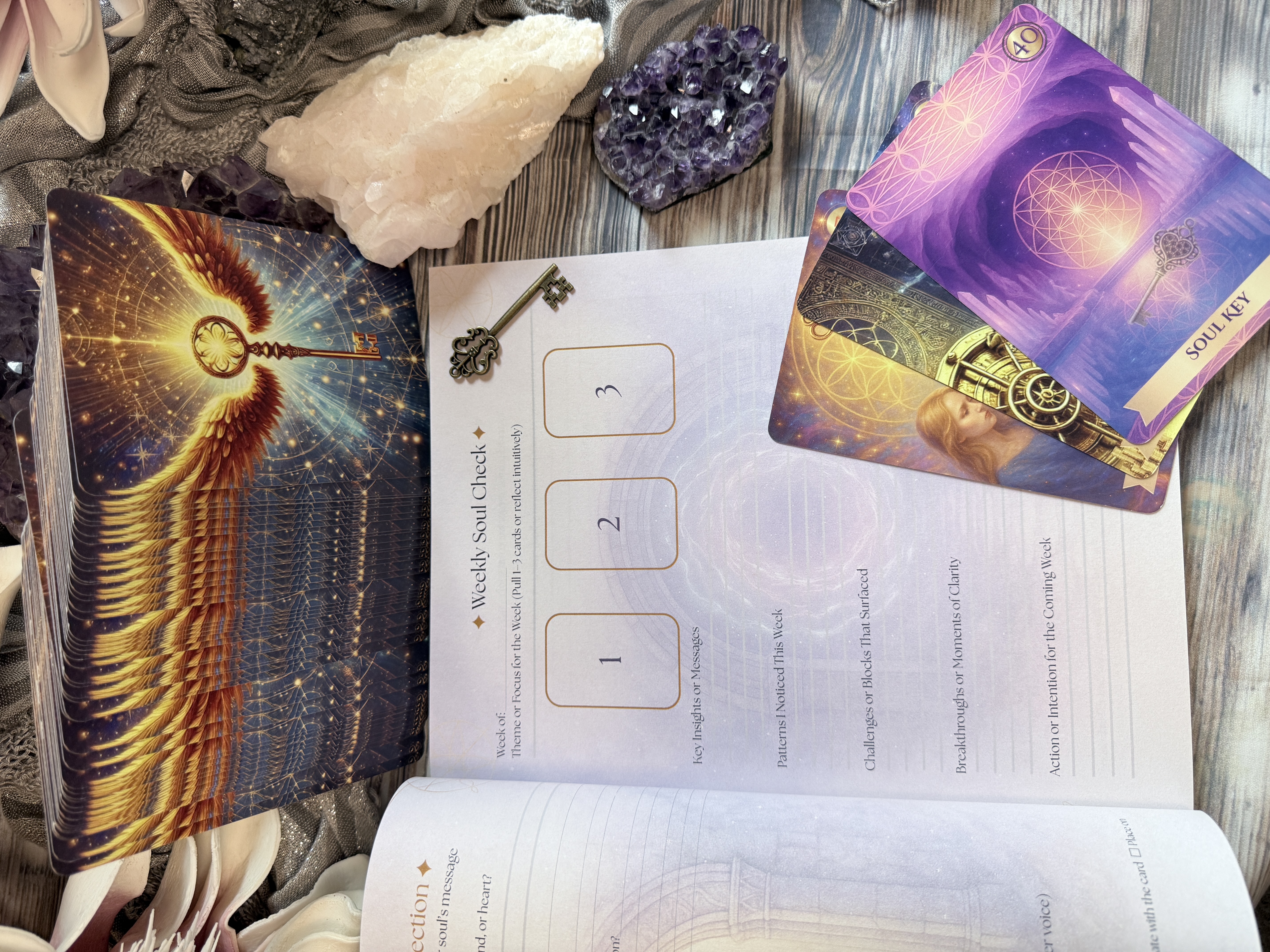 akashic soul alchemy oracle deck, key and inside page of the journal