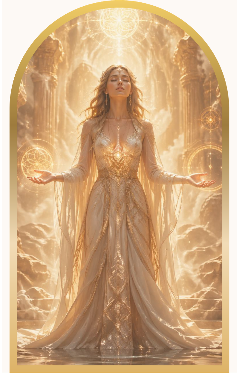 Radiant divine feminine energy surrounded by celestial light and sacred symbols
