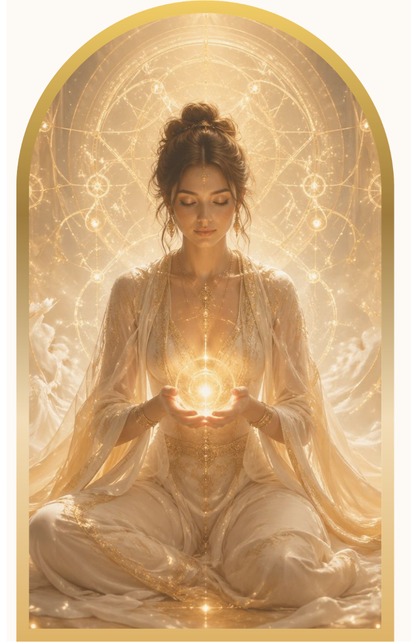Radiant divine feminine energy surrounded by celestial light and sacred symbols