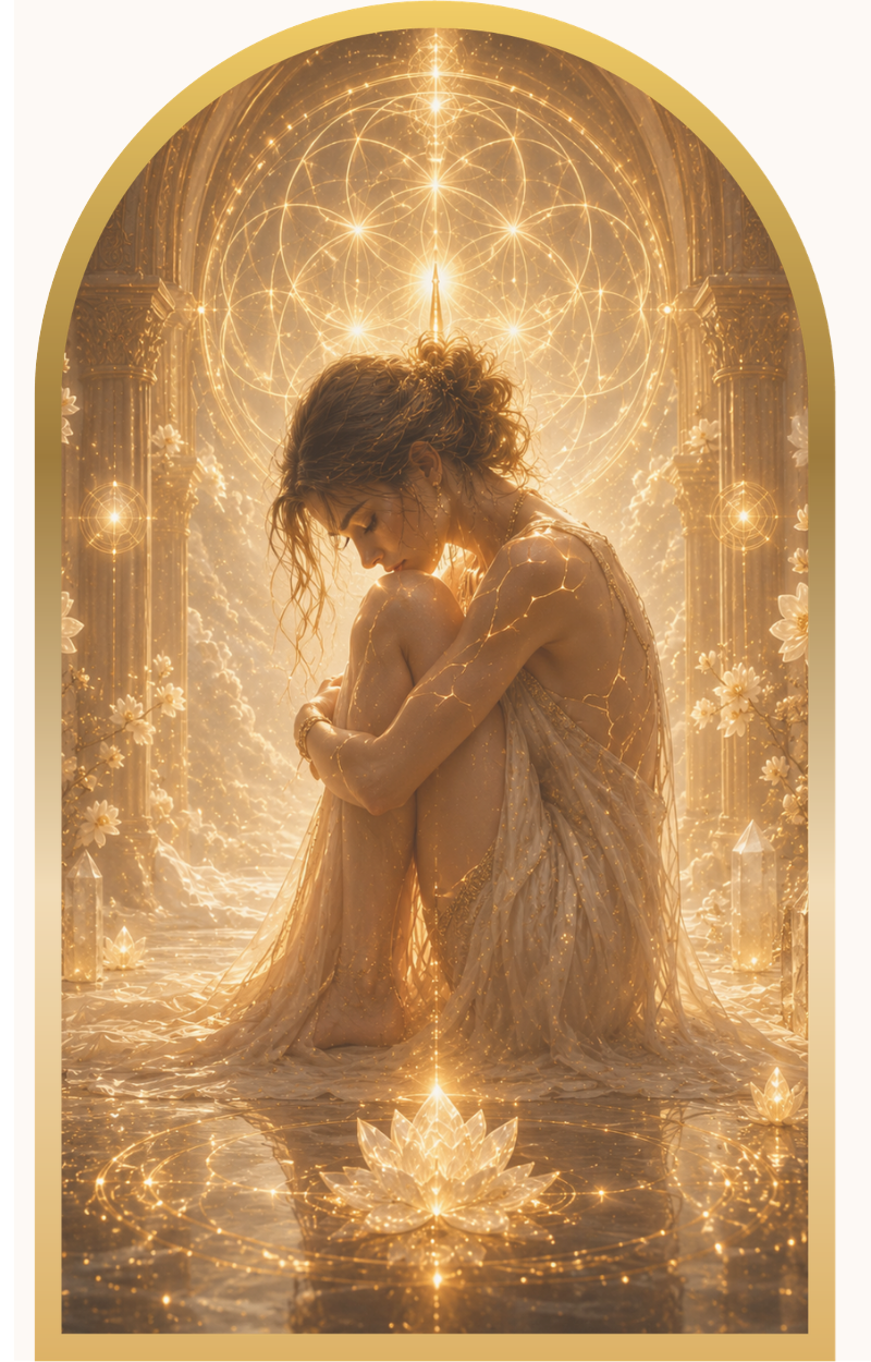 Radiant divine feminine energy surrounded by celestial light and sacred symbols