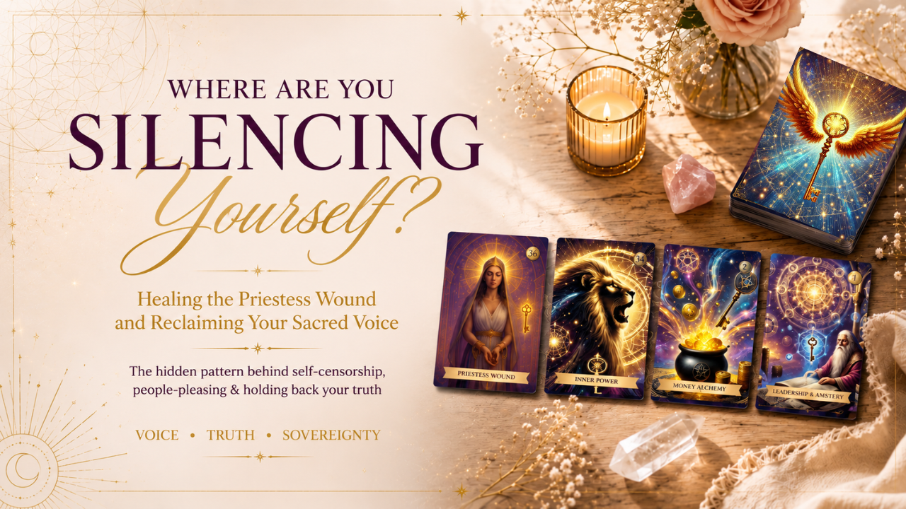 Akashic Soul Alchemy oracle reading blog image with cards, crystals, candle and the title Where Are You Silencing Yourself, exploring Priestess Wound healing and reclaiming your sacred voice. Akashic Soul Alchemy oracle reading blog image with cards, crystals, candle and the title Where Are You Silencing Yourself, exploring Priestess Wound healing and reclaiming your sacred voice.
