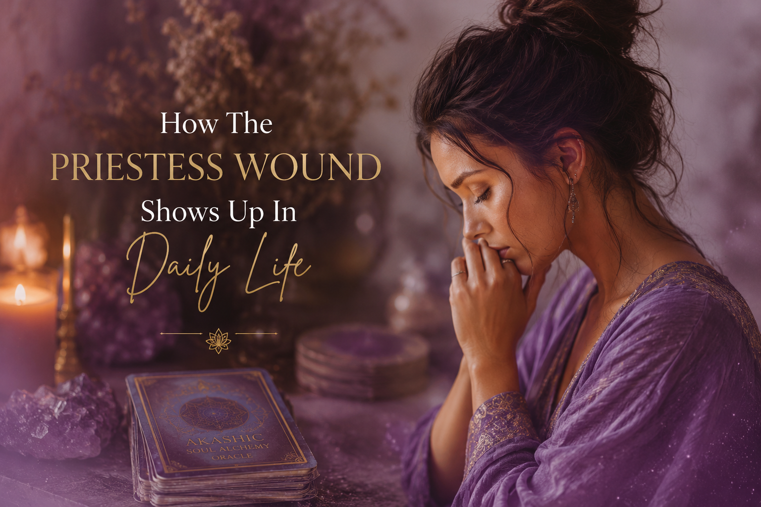 Woman reflecting beside the Akashic Soul Alchemy Oracle Deck surrounded by candlelight, crystals and sacred energy, representing how the Priestess Wound affects relationships, purpose, intuition, abundance and daily life. Woman reflecting beside the Akashic Soul Alchemy Oracle Deck surrounded by candlelight, crystals and sacred energy, representing how the Priestess Wound affects relationships, purpose, intuition, abundance and daily life.