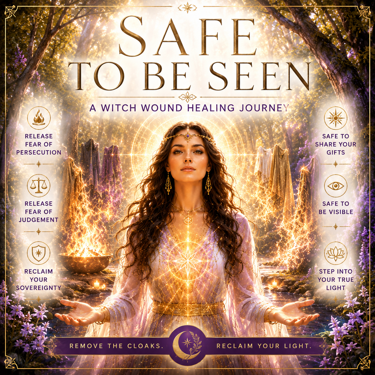 Soft feminine spiritual artwork representing the Witch Wound, featuring a woman in candlelight with golden light breaking through shadow, symbolising release from persecution and reclaimed power. Soft feminine spiritual artwork representing the Witch Wound, featuring a woman in candlelight with golden light breaking through shadow, symbolising release from persecution and reclaimed power.