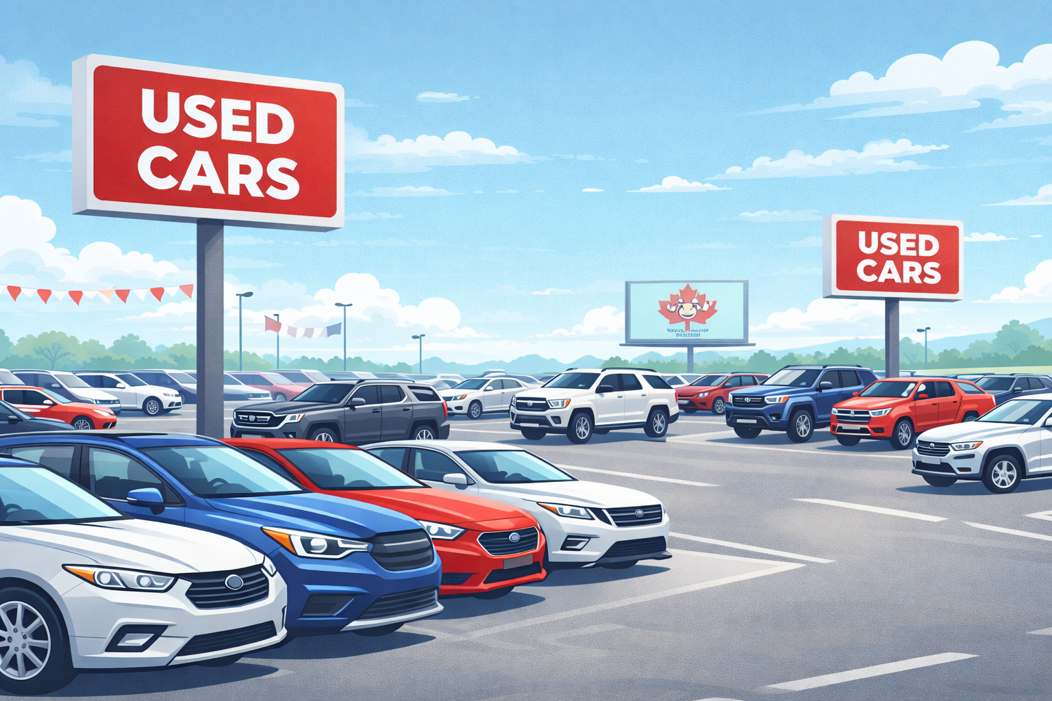 Wide illustration of a used car dealership lot with rows of sedans, SUVs, and trucks under dealership signs, with a subtle Chuck Canuck billboard in the background.