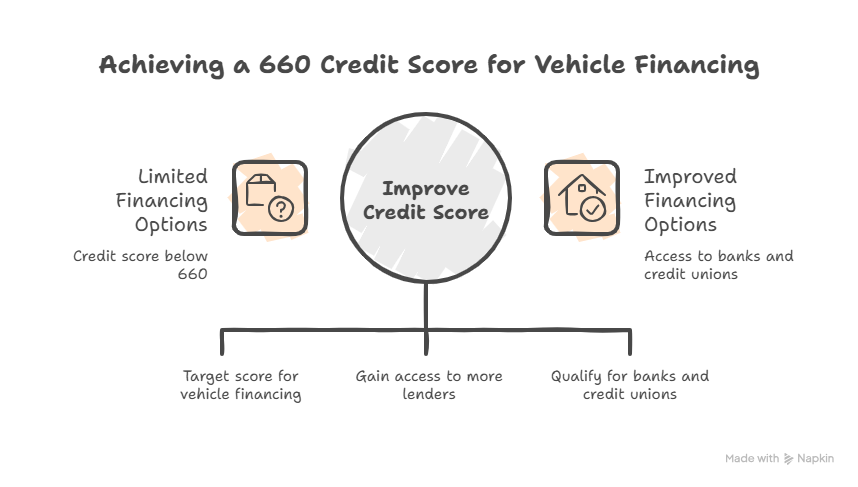Infographic explaining how achieving a 660 credit score improves vehicle financing options, showing limited financing below 660 and better lender access above 660.