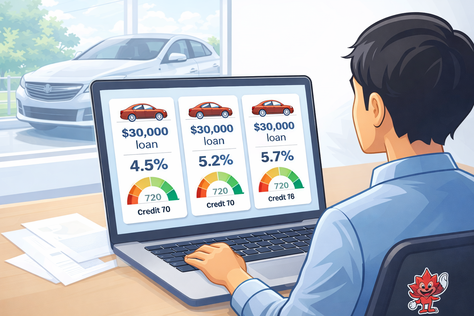 Person comparing $30,000 car loan options on a laptop showing interest rates and credit score ranges with a car visible outside the window.