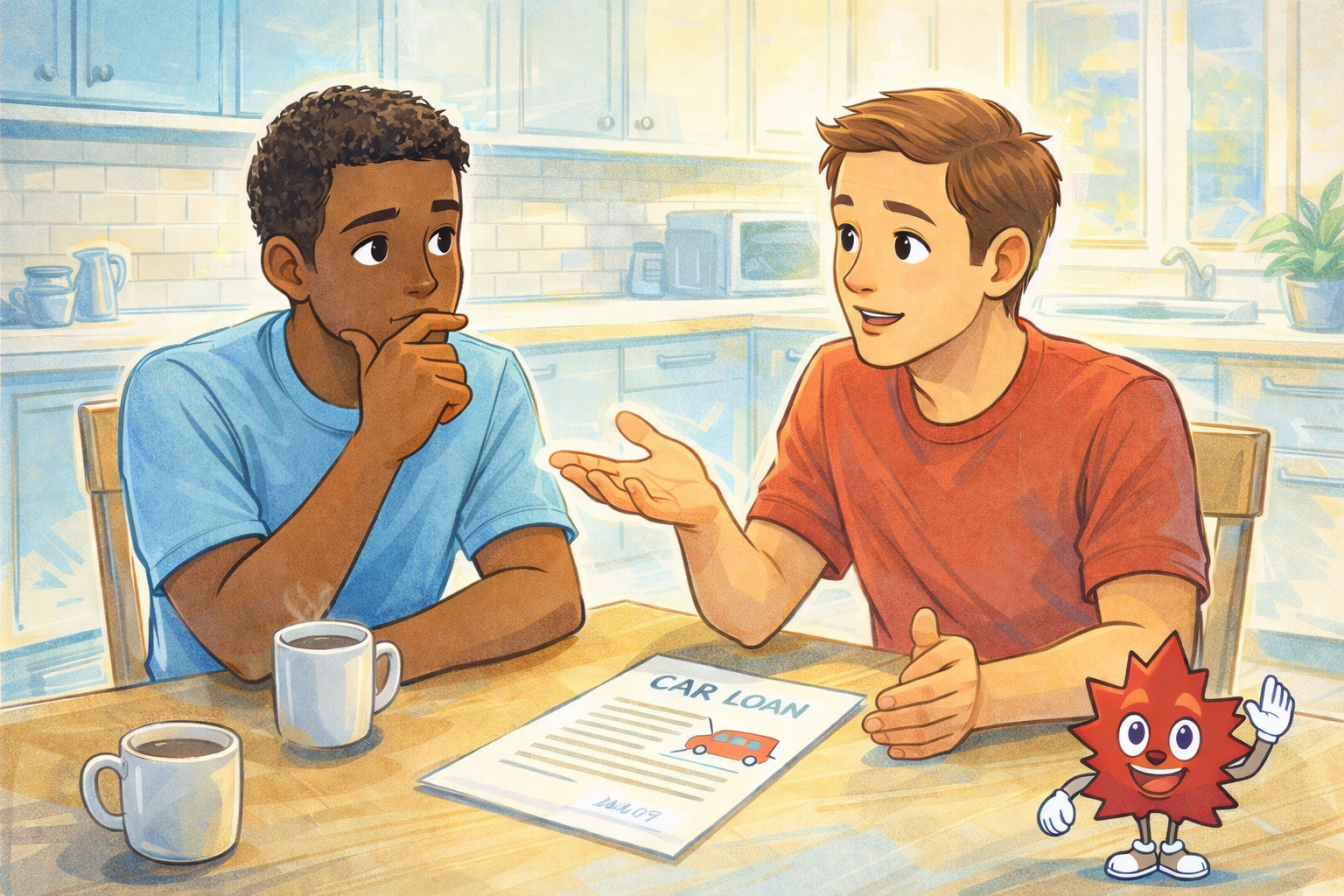 Two friends of different backgrounds sitting at a kitchen table reviewing a car loan agreement and discussing cosigning responsibilities, representing responsible financial decision-making for auto financing.