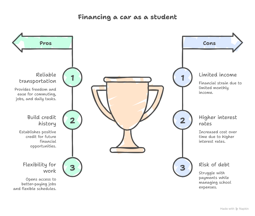 Infographic showing the pros and cons of financing a car as a student, including benefits like reliable transportation, building credit history, and job flexibility, and risks such as limited income, higher interest rates, and potential debt.