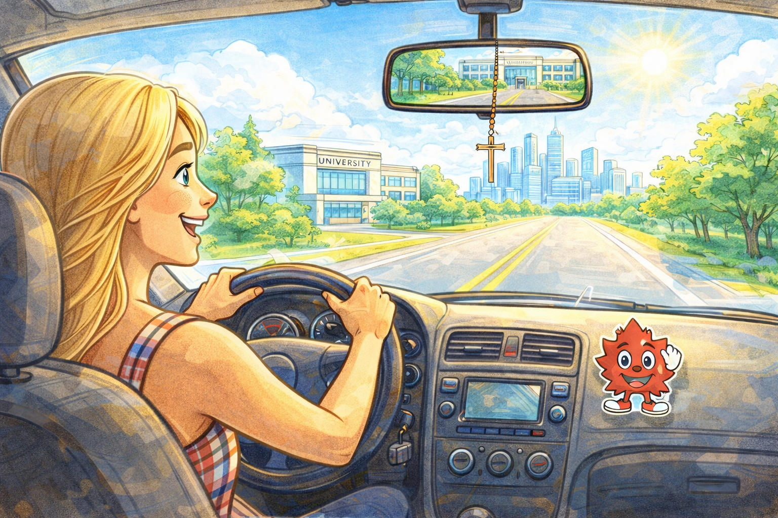 Blonde female student driving a car on a sunny road with a university campus visible in the rearview mirror and a city skyline ahead, representing independence and life after college, with a small Chuck Canuck sticker on the dashboard.