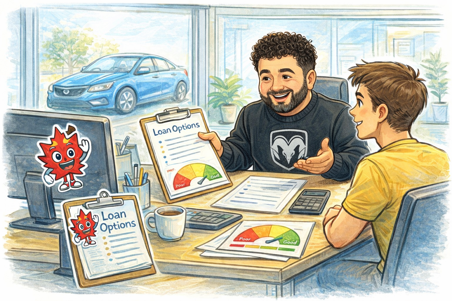 Sketch-style illustration of a friendly Lebanese car dealership finance manager with curly hair and beard wearing a Ram-style sweater explaining loan options to a young buyer at a desk, with credit score charts and paperwork visible and a small Chuck Canuck sticker on the desk computer in a bright showroom.