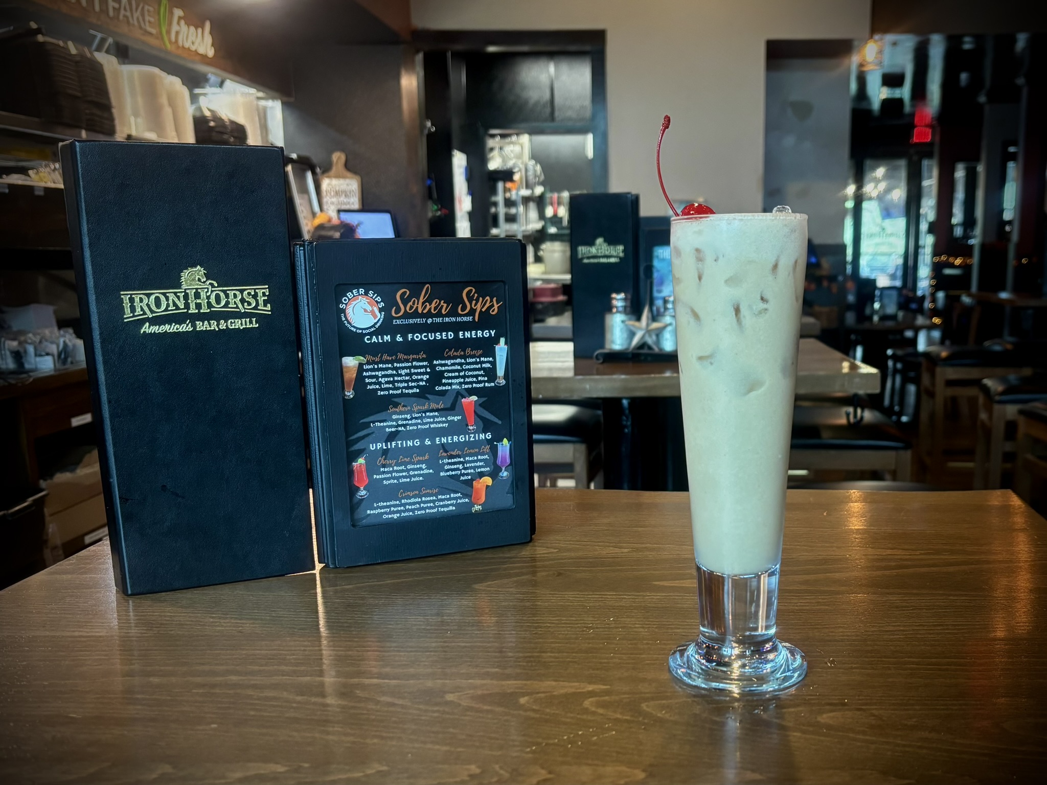 ropical alcohol-free piña colada with coconut and pineapple, infused with chamomile for a relaxing, mellow vibe.