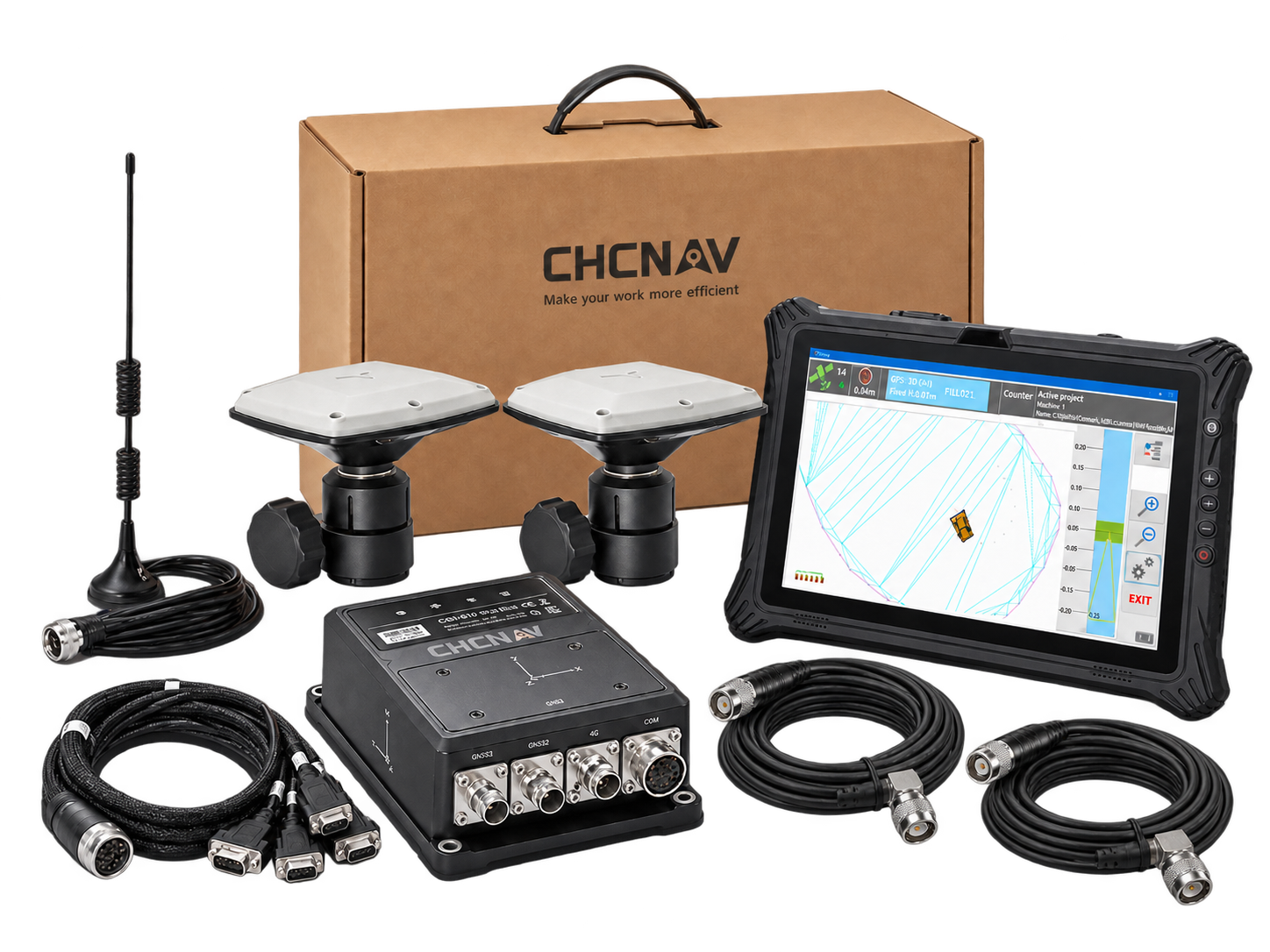 MM22 system illustration with CHCNAV positioning hardware, GNSS antennas, tablet and cabling