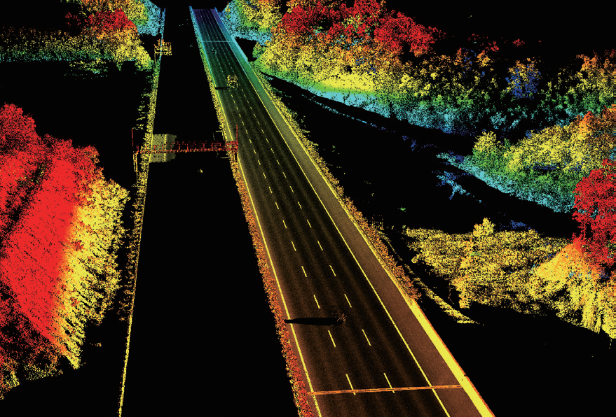 CHCNAV AU20 MMS highway survey point cloud showing road geometry and surrounding vegetation
