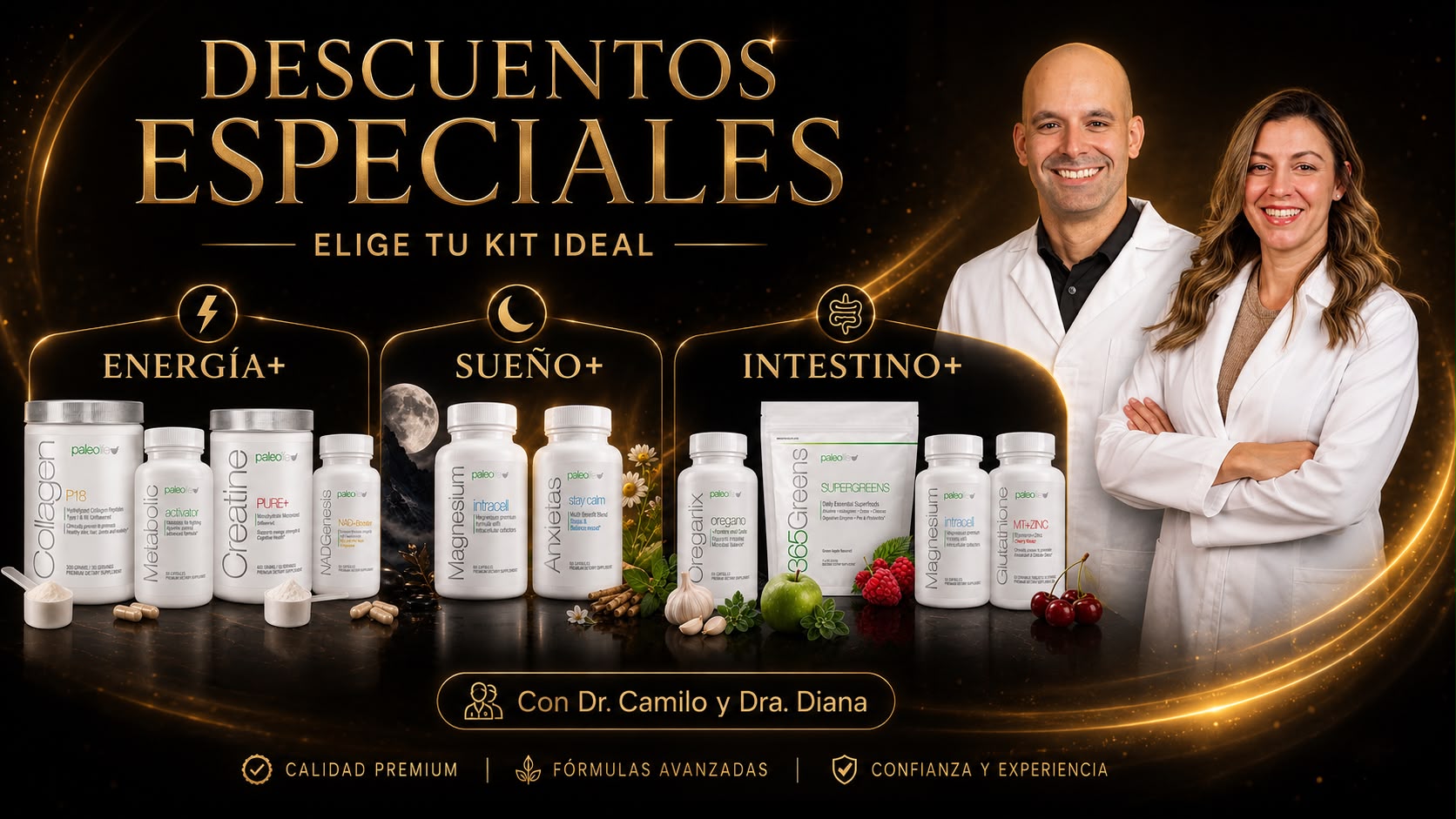 Descuentos especiales · Elige tu kit ideal · Con Dr. Camilo Morales y Dra. Diana