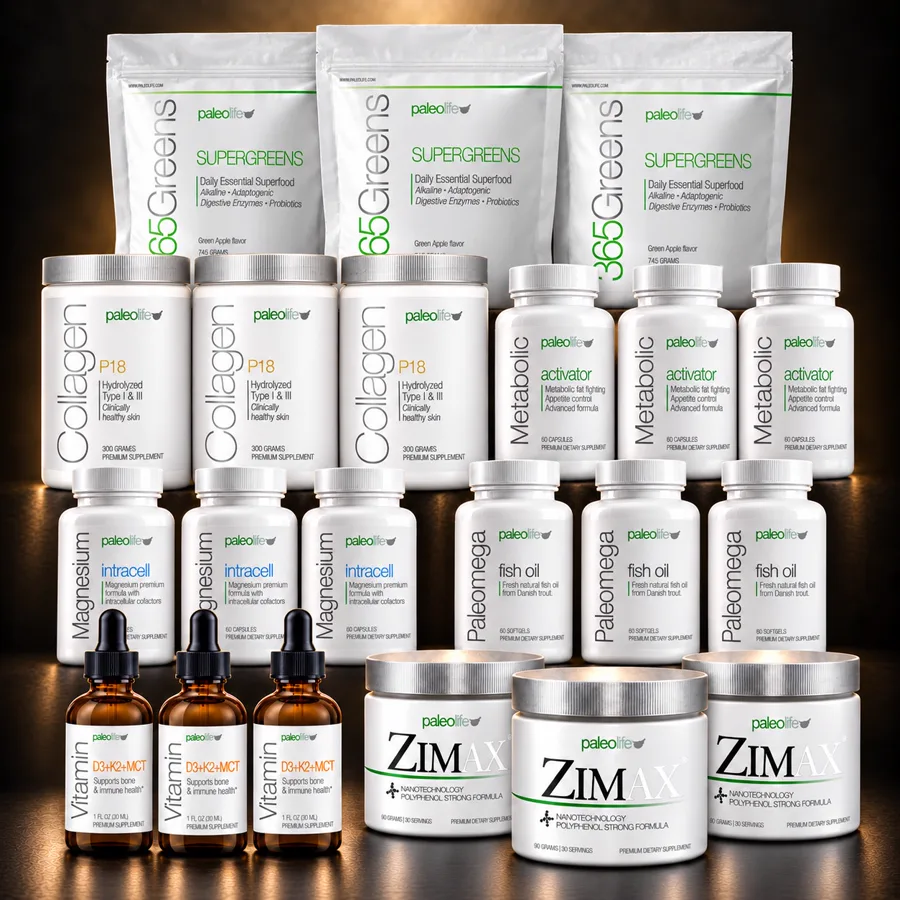 Kit Superwoman: 365Greens, Collagen P18, Metabolic Activator, Magnesium Intracell, Paleomega, Vitamina D3+K2 y Zimax, tres de cada uno