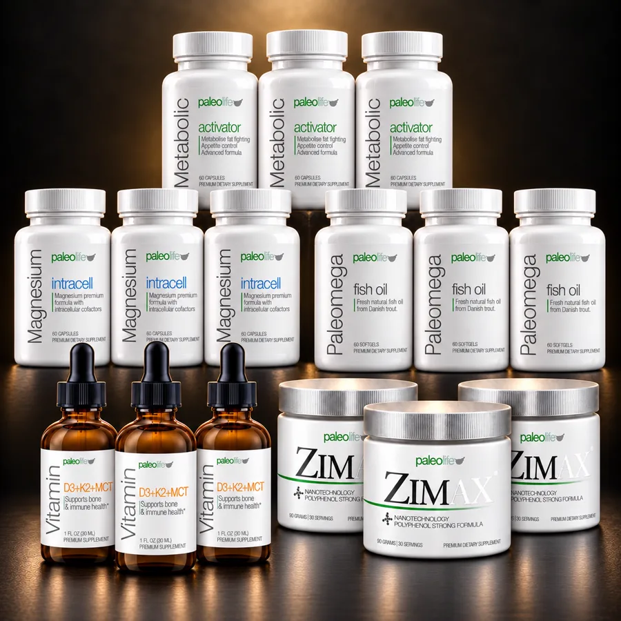 Kit Vida Sana Plus más Metabolic: Metabolic Activator, Magnesium Intracell, Paleomega, Vitamina D3+K2 y Zimax, tres de cada uno