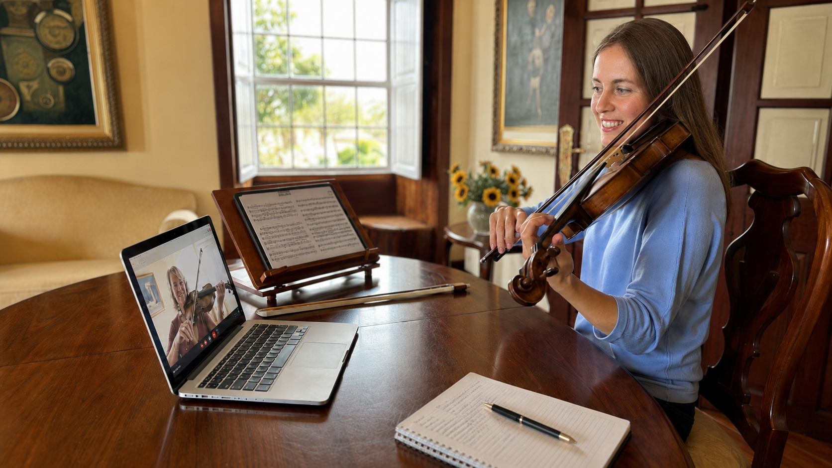 Adult violin learner receiving online guidance