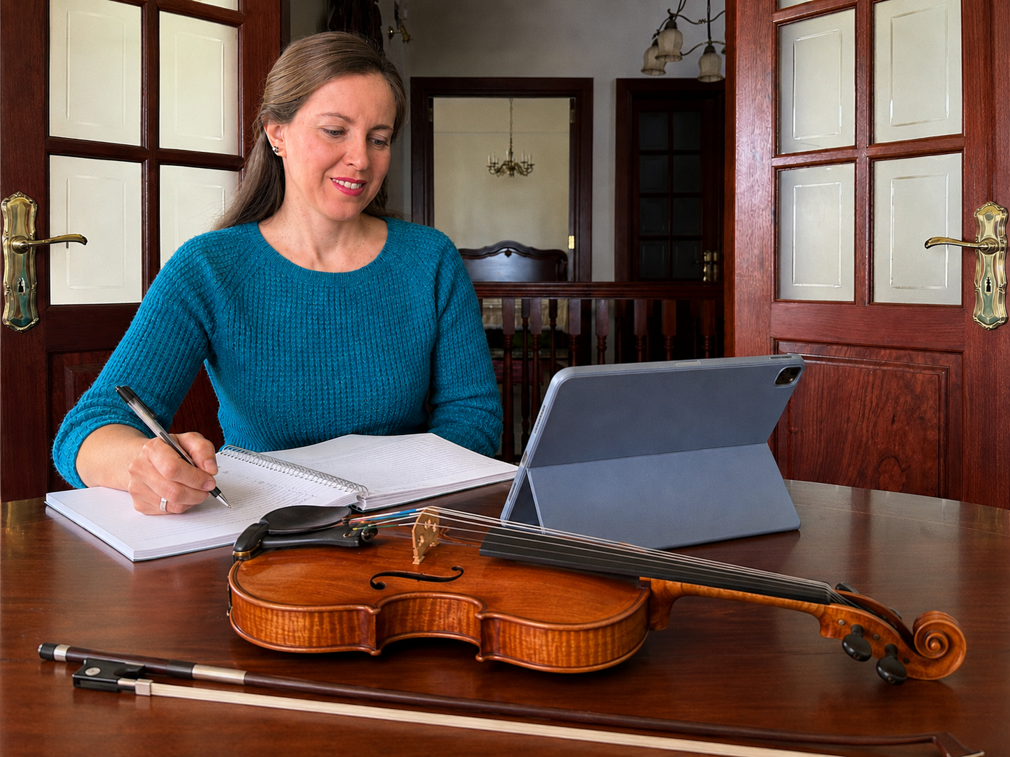 Maite writing practice notes beside a tablet and violin