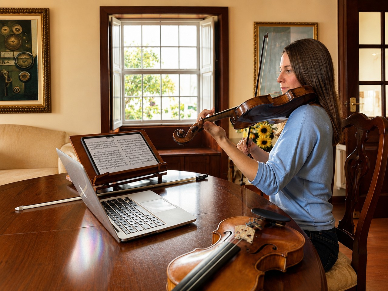 Adult violin learner practising in a calm home setting with online study materials