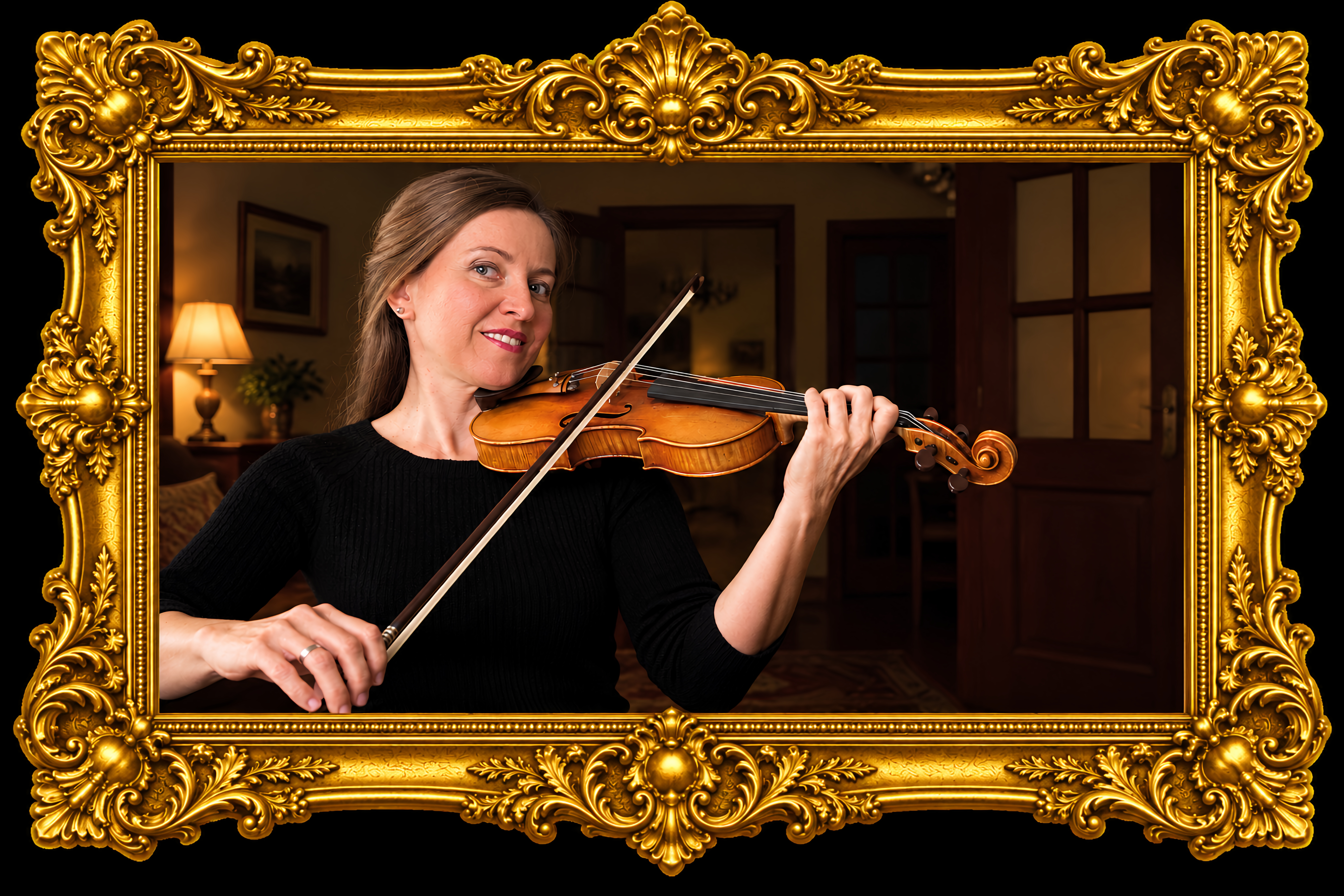 Maite Iglesias playing the violin, in an ornate gold frame