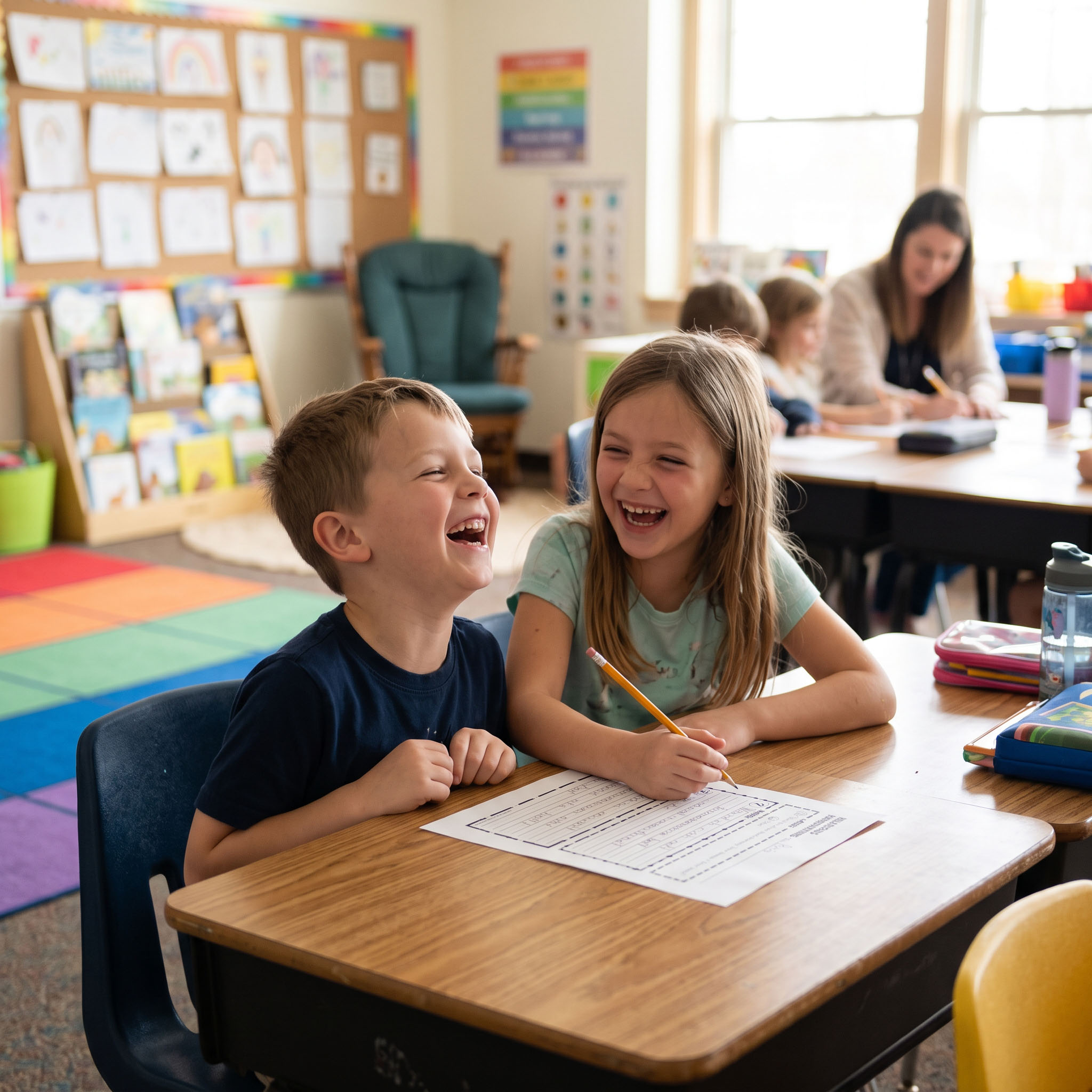 Two children smiling together over a worksheet at their classroom desk