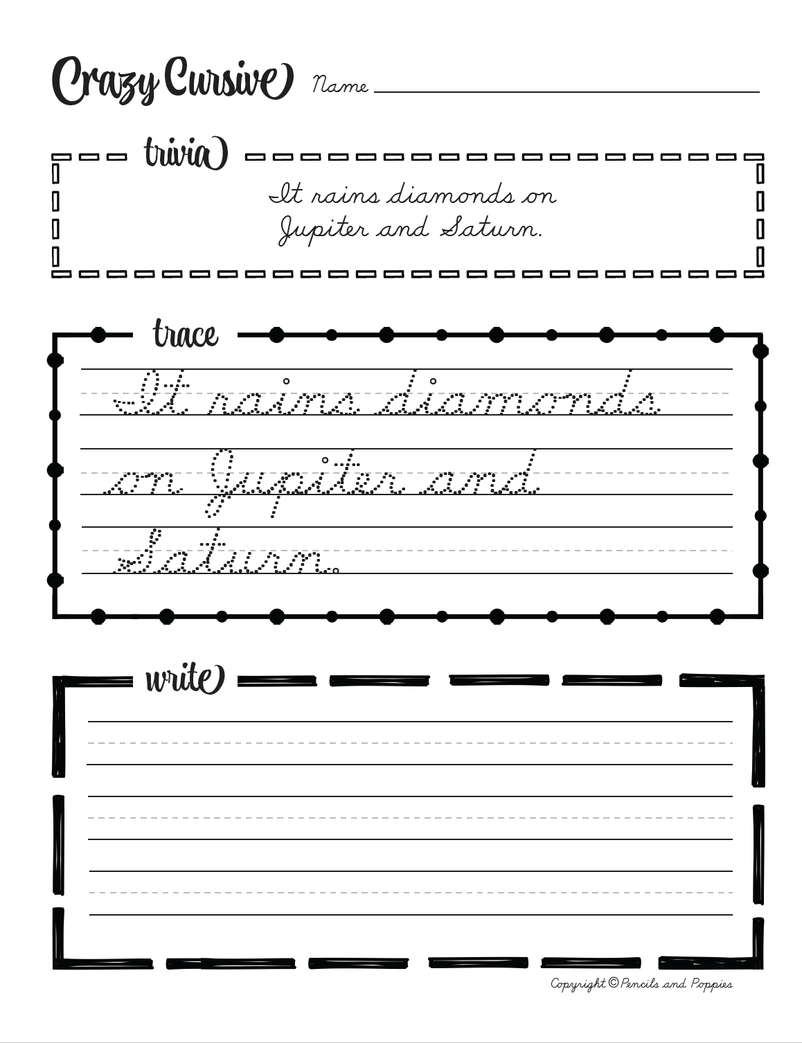 Crazy Cursive Trivia sample page in cursive style 1