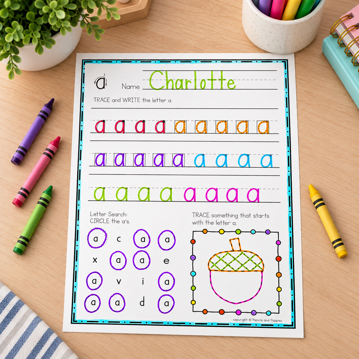 Independent letter formation, letter identification, and tracing page