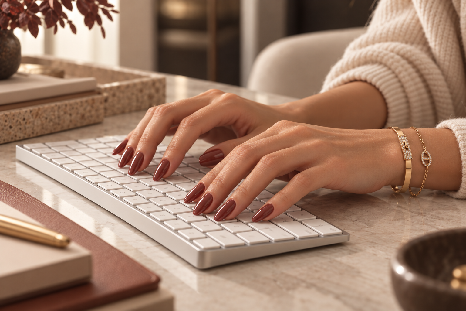 Manicured hands typing on a keyboard