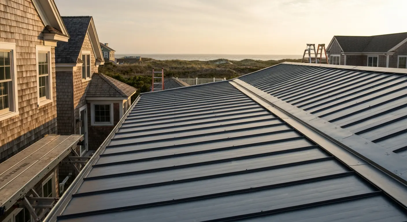 Metal roof installation coastal home