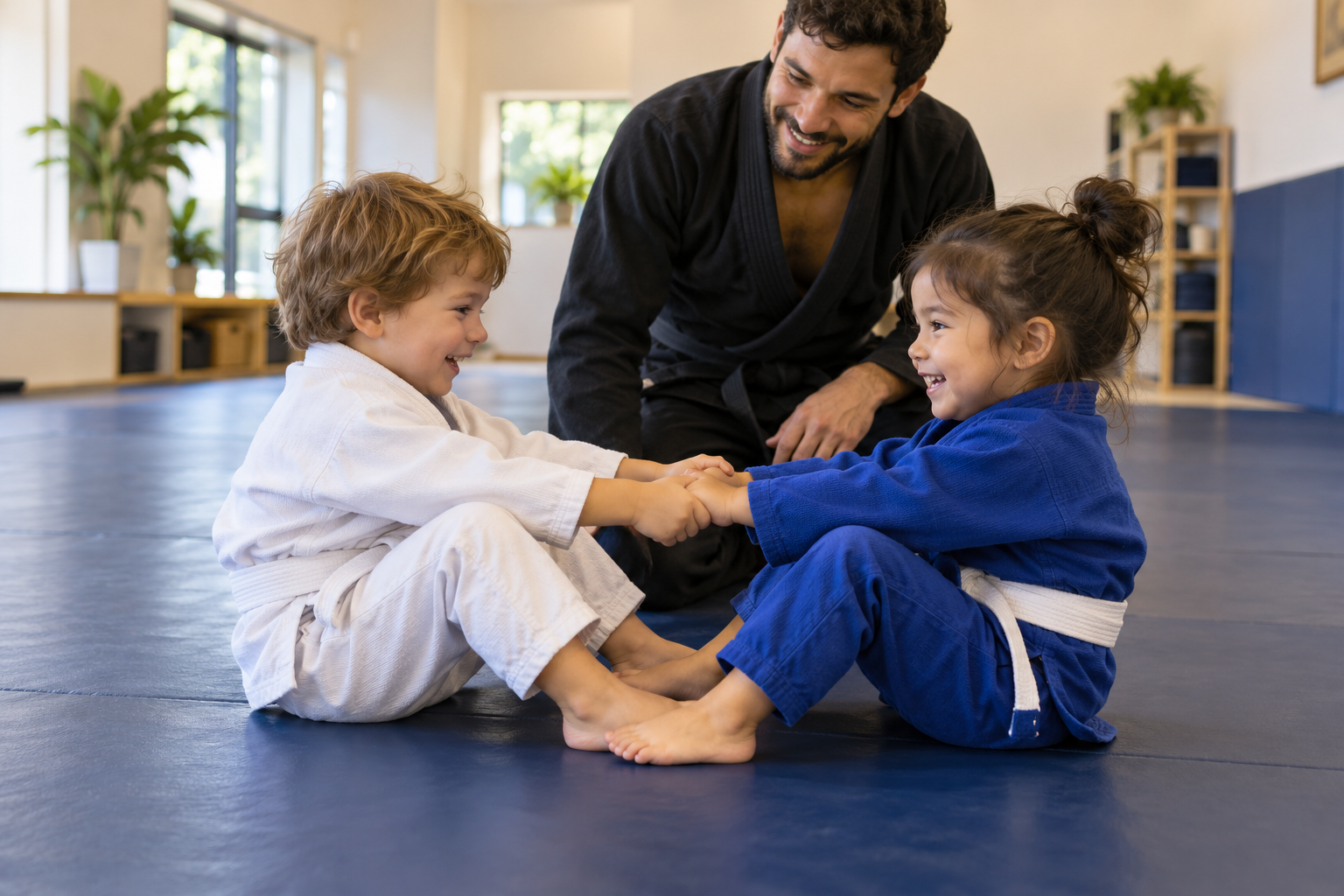 Two young children practicing a gentle partner activity with an instructor nearby