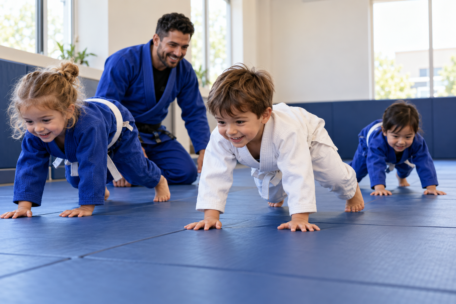 Young children practicing a playful movement activity with an instructor on the mat