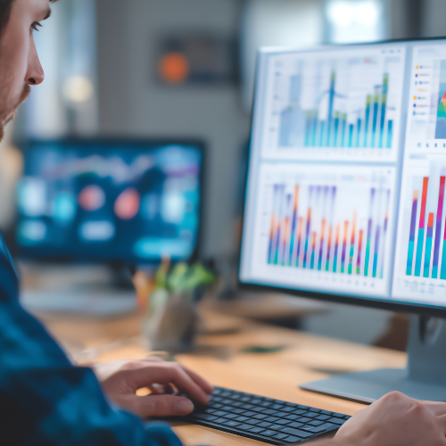 Person typing at a desk while viewing a large monitor displaying analytics dashboards with bar charts and trend graphs.